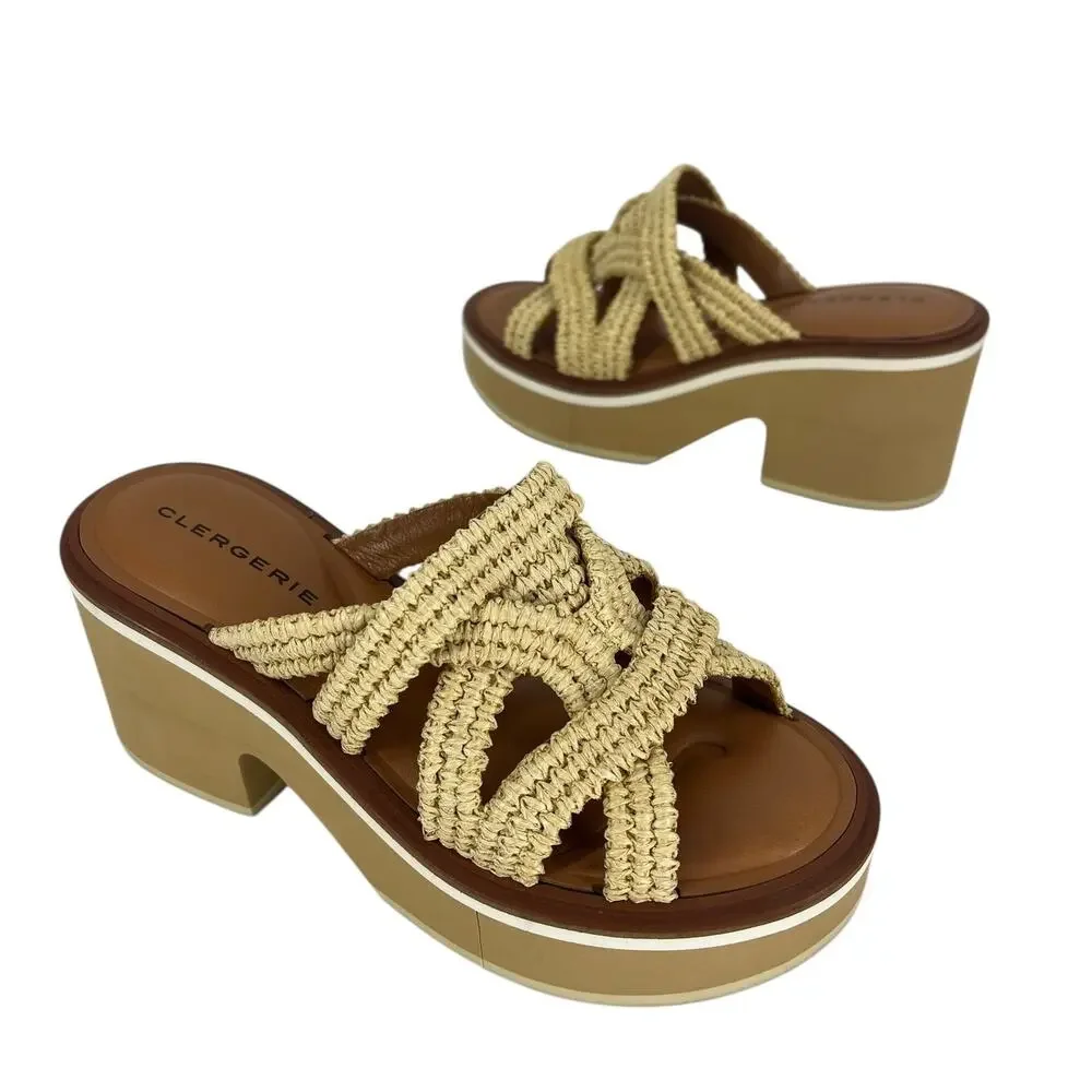 Clergerie Chermy Raffia Platform Mules Beige Natural Size 36